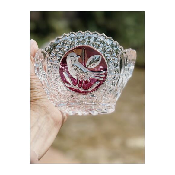 Hofbauer Byrdes Cut Glass Oval Crystal Bowl Red Bird Motif - Picture 6 of 10
